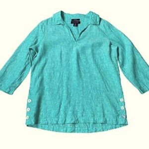 🔥4/$30 
Tahari 100% Linen 3/4 Sleeve Top Mother of Pearl Side Button Detail